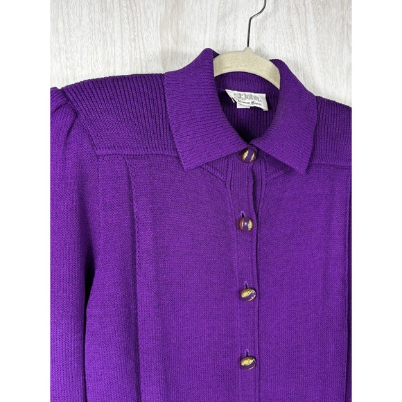 ST JOHN Purple Knit Career Dress Size 12 Gold Button Classic Office Chic - Picture 3 of 7